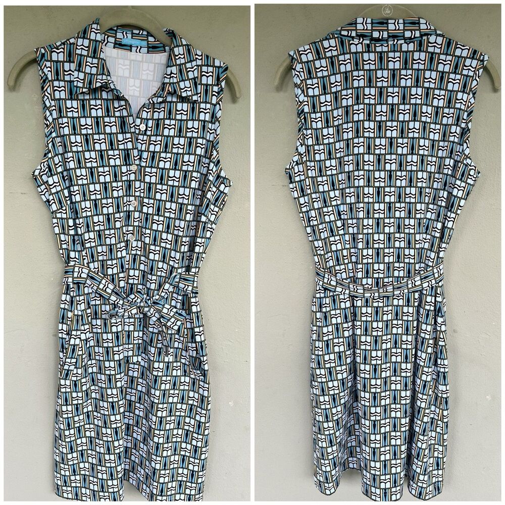 J McLaughlin Dress M Blue Geometric Print Sleeveless Calla Catalina Cloth Resort